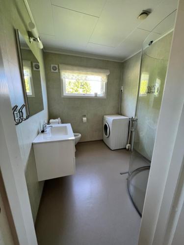 a bathroom with a sink and a toilet and a mirror at Lyngen House in Olderdalen