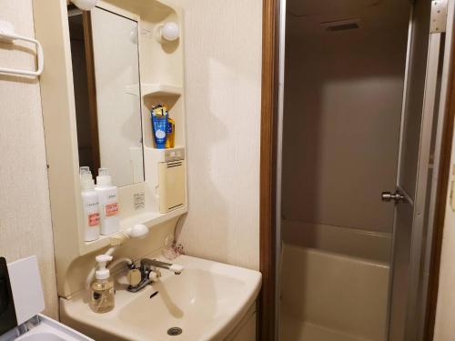 a bathroom with a sink and a mirror and a refrigerator at petit room201三宮10mim in Kobe