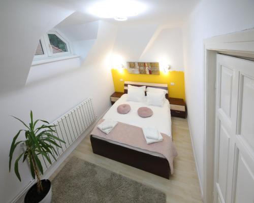 ein kleines Schlafzimmer mit einem Bett und einer Pflanze in der Unterkunft Comfort & Style - KISELEFF - ARCUL DE TRIUMF - in Bukarest