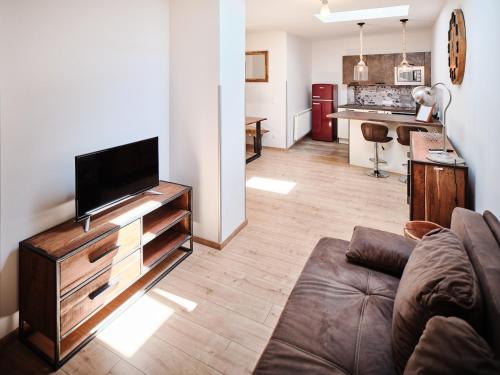 a living room with a couch and a tv and a kitchen at Weingut Gästehaus D&D Haider in Jois