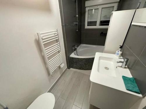een badkamer met een wastafel, een toilet en een bad bij maisonnette de 21m2 plus terrasse in Gentilly