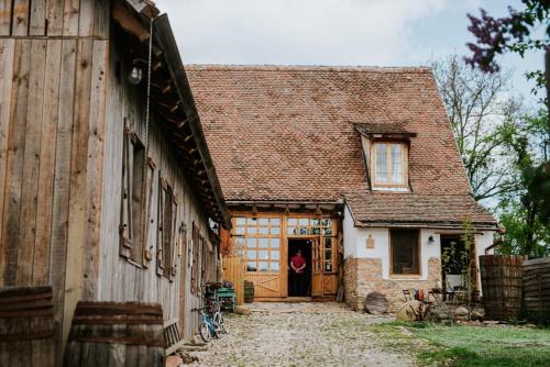a home with a barn with a pathway leading to the door at Viscri 32 - White Barn and Blue House in Viscri