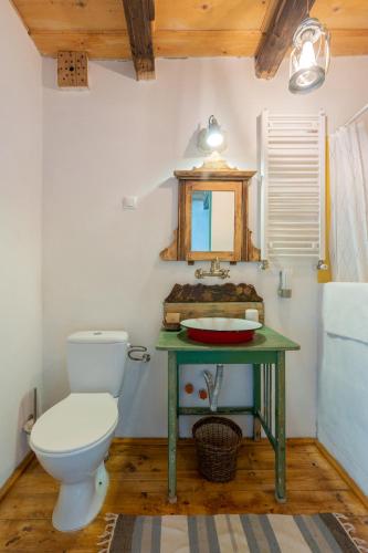 a bathroom with a toilet and a table with a sink at Viscri 32 - White Barn and Blue House in Viscri
