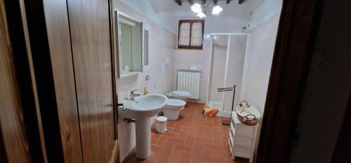 uma casa de banho com um lavatório branco e um WC. em AGRITURISMO LA PIAGGIA appartamenti a Vivo D'Orcia em Vivo dʼOrcia