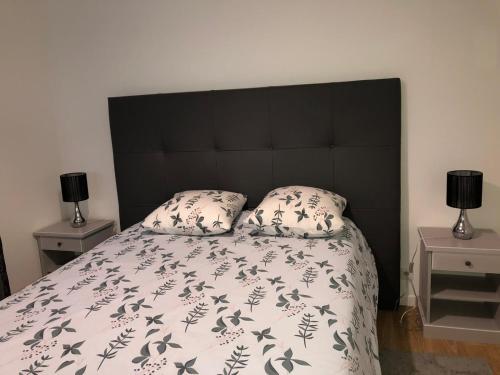 マント・ラ・ジョリーにあるApparemment 003のベッドルーム1室(大型ベッド1台、黒いヘッドボード付)