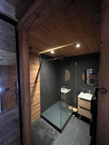 a bathroom with a glass shower and a sink at L'Ascension - Appartement de standing avec vue "Les Aiguilles" in Valloire