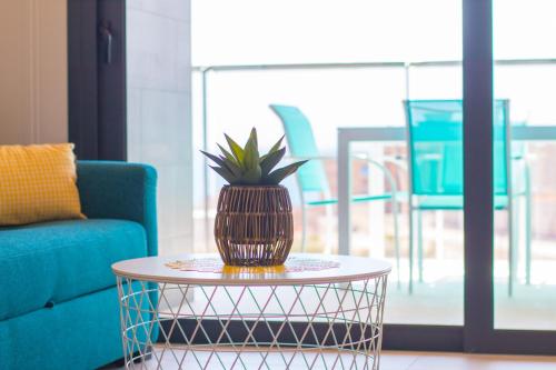 a potted plant sitting on a table in a living room at Waves apartment - relax in Costa Blanca in Benidorm