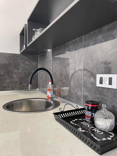 a kitchen counter with a sink and a cup of coffee at Apartmani Andric in Trebinje