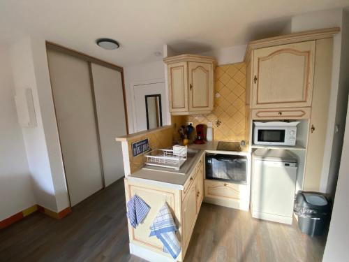 a kitchen with wooden cabinets and a white refrigerator at appartement au LAGON BLEU à Fréjus, garage, tennis & piscine 1200 M2 in Fréjus