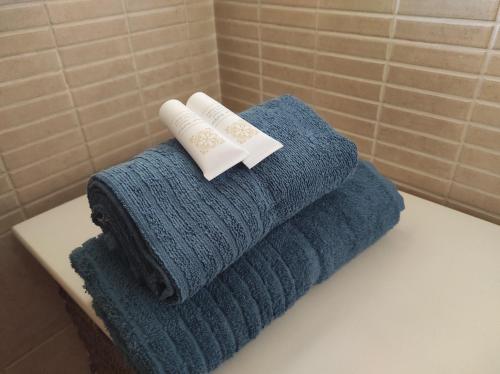 2 toallas sentadas en una mesa en un baño en Casina di Tea Lucca, en Lucca