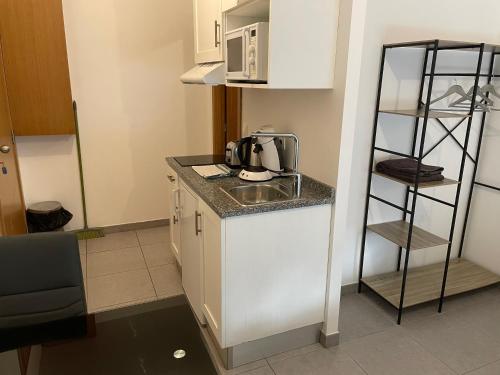 a small kitchen with a sink and a microwave at Studio 005 in Mantes-la-Jolie