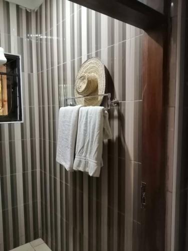 a bathroom with a towel rack with towels on it at More Than A Drop in Moshi