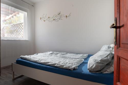 a bed with a blue mattress in a room with a window at Pelso Apartman in Zamárdi