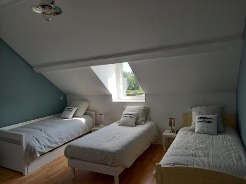 フェカンにあるGîte 8 places à Fécamp La Bonne Escaleのベッド2台と窓が備わる屋根裏部屋です。