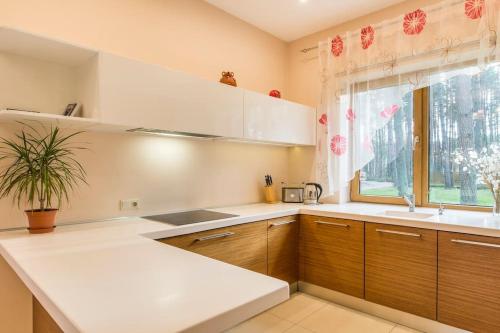 a kitchen with a sink and a window at House in the Pine Park in Jūrmala
