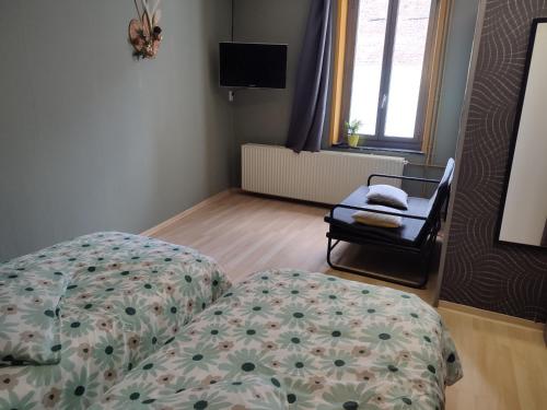 1 dormitorio con 1 cama, 1 silla y TV en Studio indépendant accès direct autonome., en Le Cateau