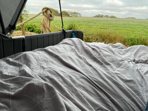 a bed in the back of a truck with a blanket at Hof Steinhütten Schlafstrandkorb in Westerhever