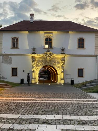 un gran edificio blanco con un arco delante de él en Studio - CLASSIC -, en Alba Iulia
