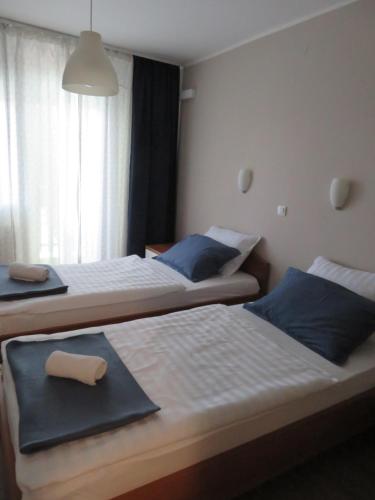 a bedroom with two beds with blue pillows at Guesthouse ob Sotočju Budič in Brežice