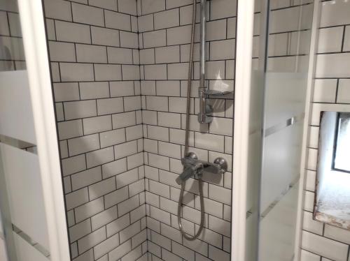 La salle de bains est pourvue d'une douche avec un tuyau et de carrelage blanc. dans l'établissement Casa Penedo do Raposo, à Muxagata