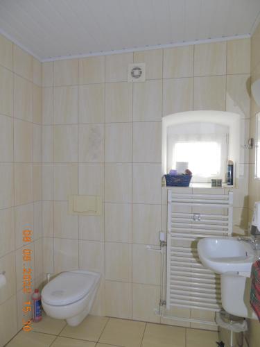 a bathroom with a toilet and a sink at Gdzie diabeł mówi dobranoc in Pisz