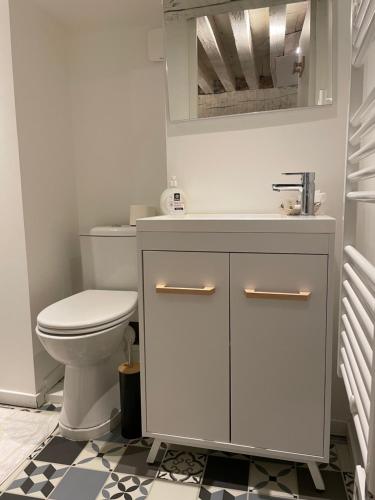 a white bathroom with a toilet and a sink at Studio dans Quartier historique de MOULINS in Moulins