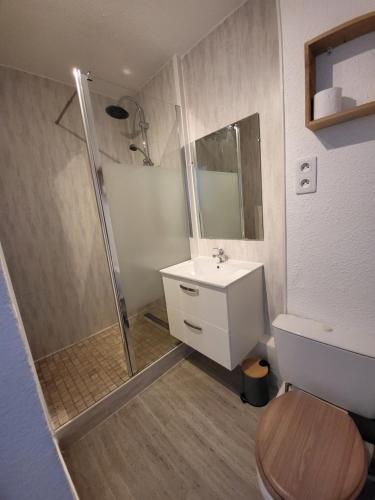 une salle de bain avec une douche, des toilettes et un lavabo dans l'établissement La Coudalere - F2 avec WiFi - Vue sur Sunset - Piscine chauffée, au Barcarès