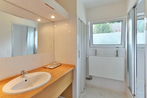 a bathroom with a sink and a window at Penzion Bobešova bouda in Železná Ruda