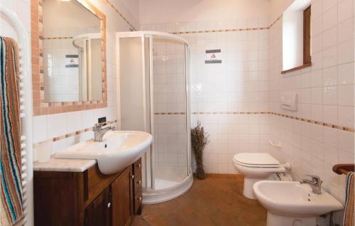 a bathroom with a sink and a shower and a toilet at Certinuzza in Luia