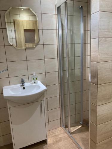 a bathroom with a sink and a shower at "U Kamińskich" in Przyborów
