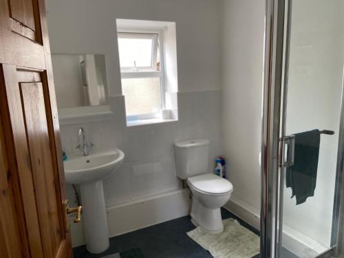 a white bathroom with a toilet and a sink at Cosy 1-bedroom cottage with indoor open fireplace in Westgate