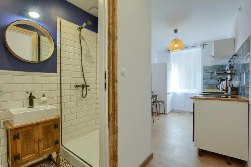 a bathroom with a sink and a mirror at Apartament Pod Jałowcem Góry Sowie 533-543-732 in Jedlina-Zdrój