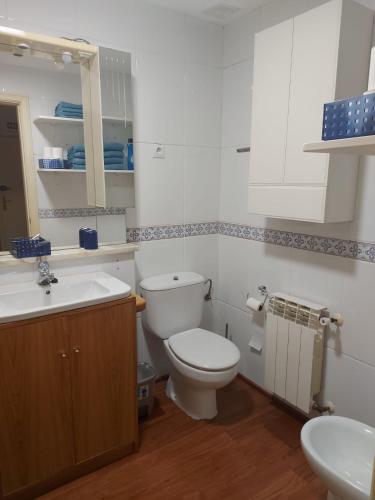 a bathroom with a white toilet and a sink at La cabaña in Las Navas del Marqués