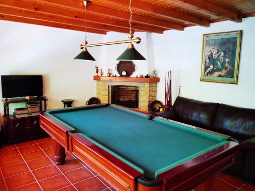 a pool table in a living room with a fireplace at Quinta do Vale Encantado "the Valley" - Santarém - Portugal in Calhariz