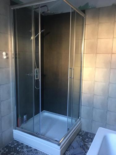 a shower with a glass door in a bathroom at Apartment CENTRO in Kastav