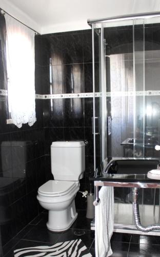 a black tiled bathroom with a toilet and a tub at Lucas Residence in Nazaré
