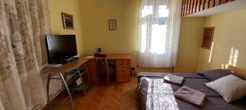 a bedroom with a bed and a desk with a television at Via Tokaj Vendégház in Sátoraljaújhely