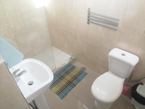 a bathroom with a white toilet and a sink at Apartamento Casa hollanda in Mindelo