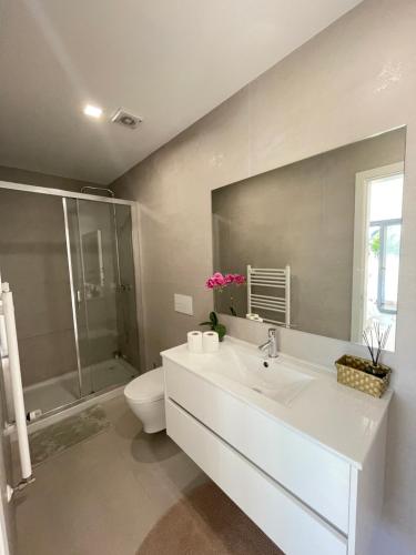 a bathroom with a sink and a toilet and a shower at Quarto Privado em Alojamento Local perto do Rio Vez em Arcos de Valdevez in Arcos de Valdevez