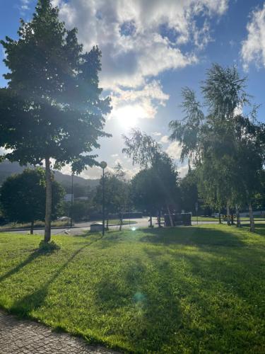a park with trees and the sun in the sky at Quarto Privado em Alojamento Local perto do Rio Vez em Arcos de Valdevez in Arcos de Valdevez