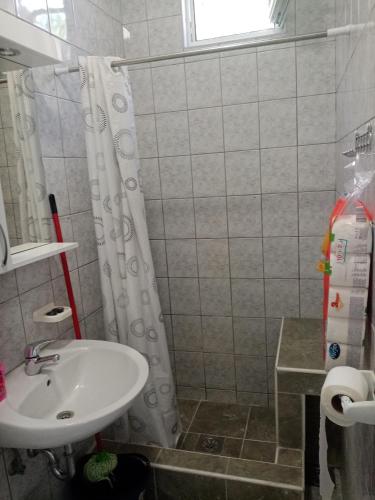 a bathroom with a sink and a shower curtain at Apartmani Bosco in Tivat