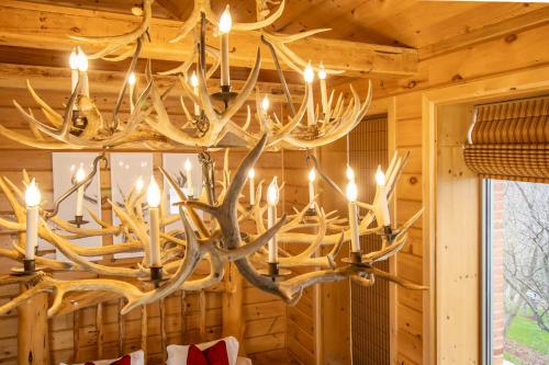 a large antler chandelier hanging in a room at Retro Suites Hotel in Chatham