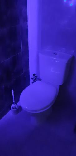 a bathroom with a white toilet in a blue room at Sea view apartment, Aqua View Resort, North coast in El Alamein