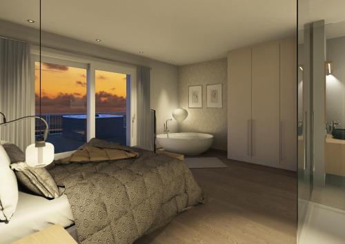 a bedroom with a bed and a tub and a bathroom at Lifestyle Apartments Dante in Bardolino