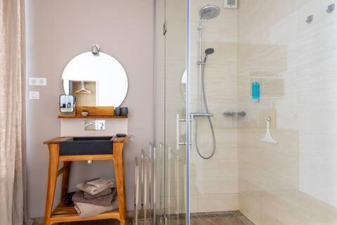 een badkamer met een douche, een wastafel en een spiegel bij Studio chic avec salon et terrasse privée in Tourcoing