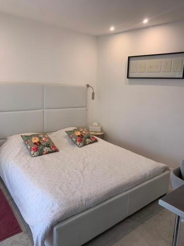 een slaapkamer met een bed met 2 kussens erop bij Villa Elimia avec piscine chauffée in Antibes
