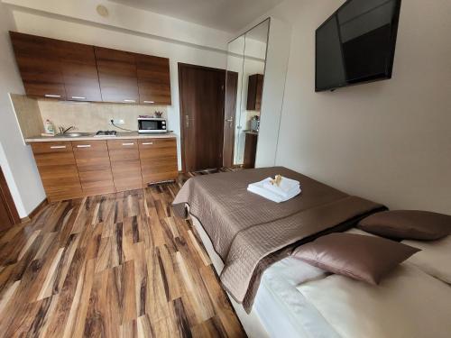 a small room with a bed and a television at Dom Przy Plaży in Sarbinowo