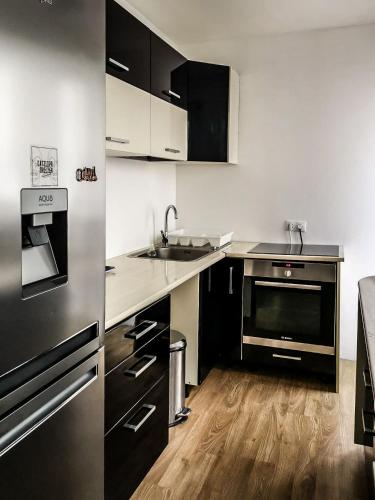 Il comprend une cuisine avec des appareils en noir et blanc et du parquet. dans l'établissement Magnifique appartement vacances proche de la mer, à Nice