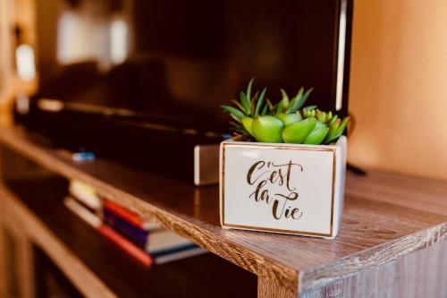 a sign sitting on a table with a potted plant at Exposed Beam 3BR Modern Mountain Retreat in Thornton