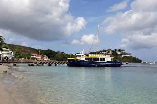 a blue and yellow boat sitting in the water at T2 PITAYA, Trois-îlets vue mer in Les Trois-Îlets